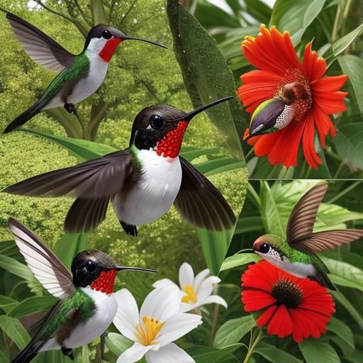 Hummingbird and Insects Share Nectar Moment