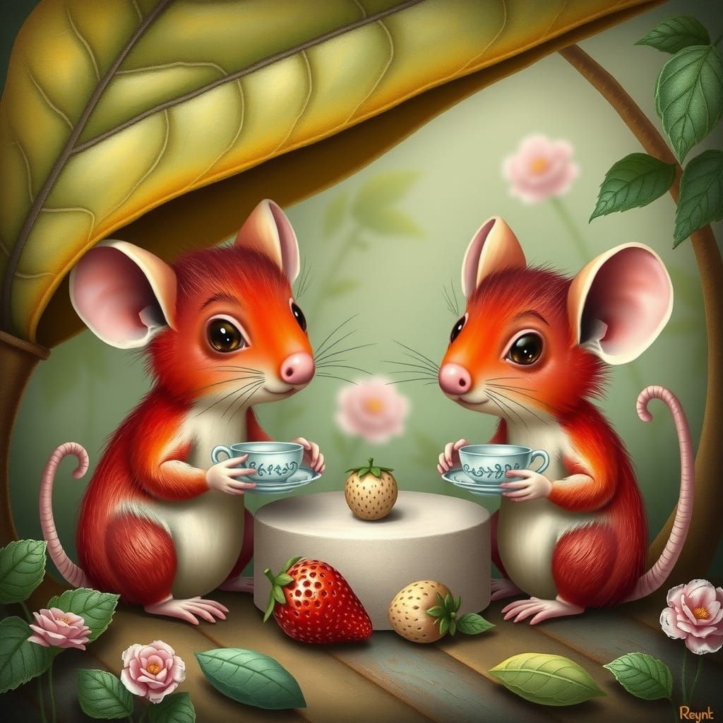 whimsical strawberry-mice hybrids with vibrant red pitted fu...