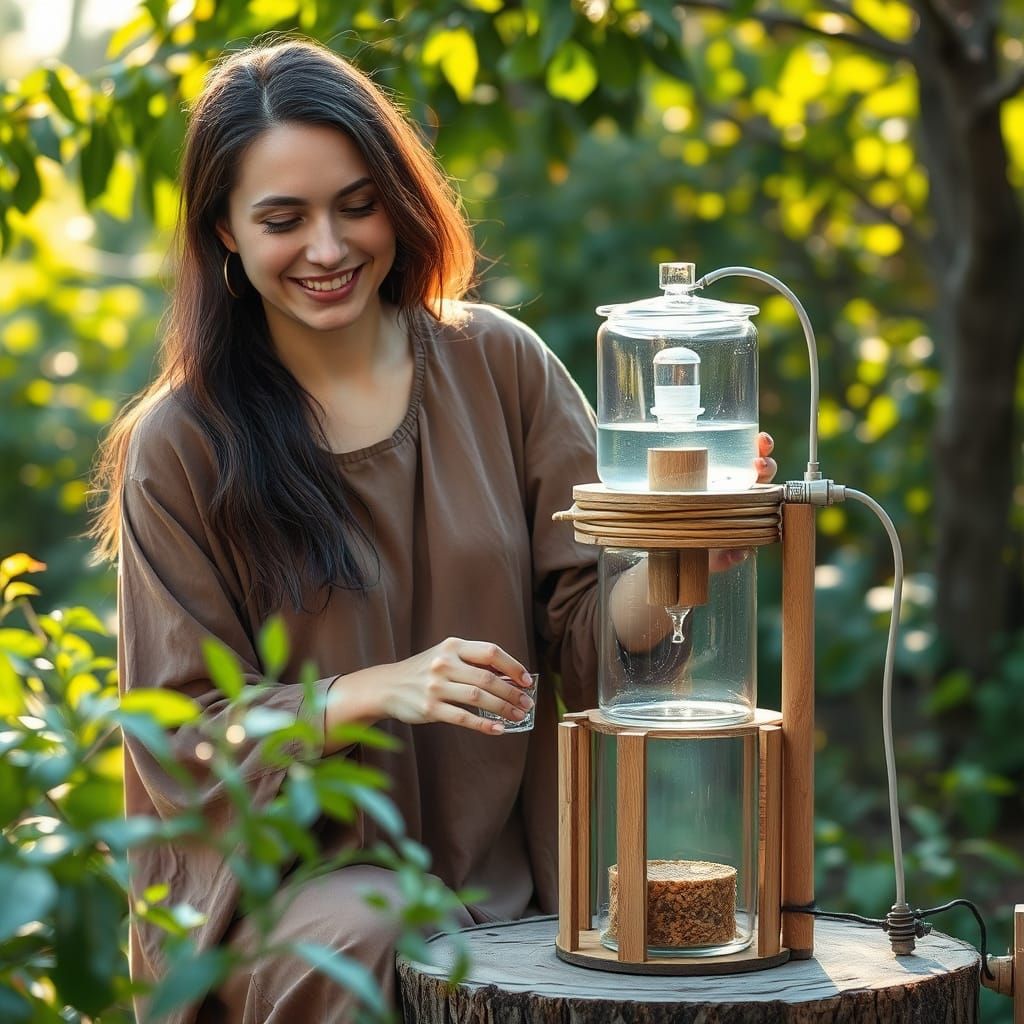 Woman Assembles Eco-Friendly Water Filter in Nature
