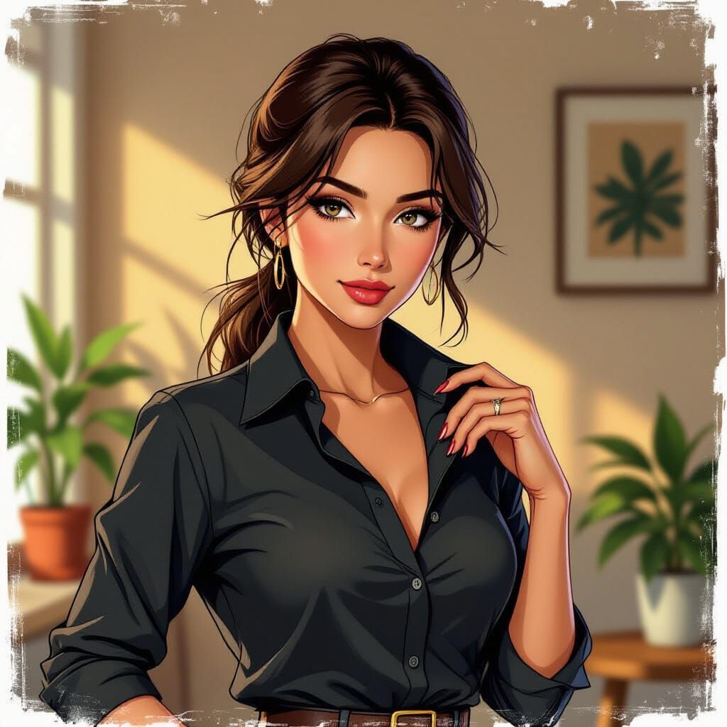 Stylish Woman in Neo-Noir Anime Style