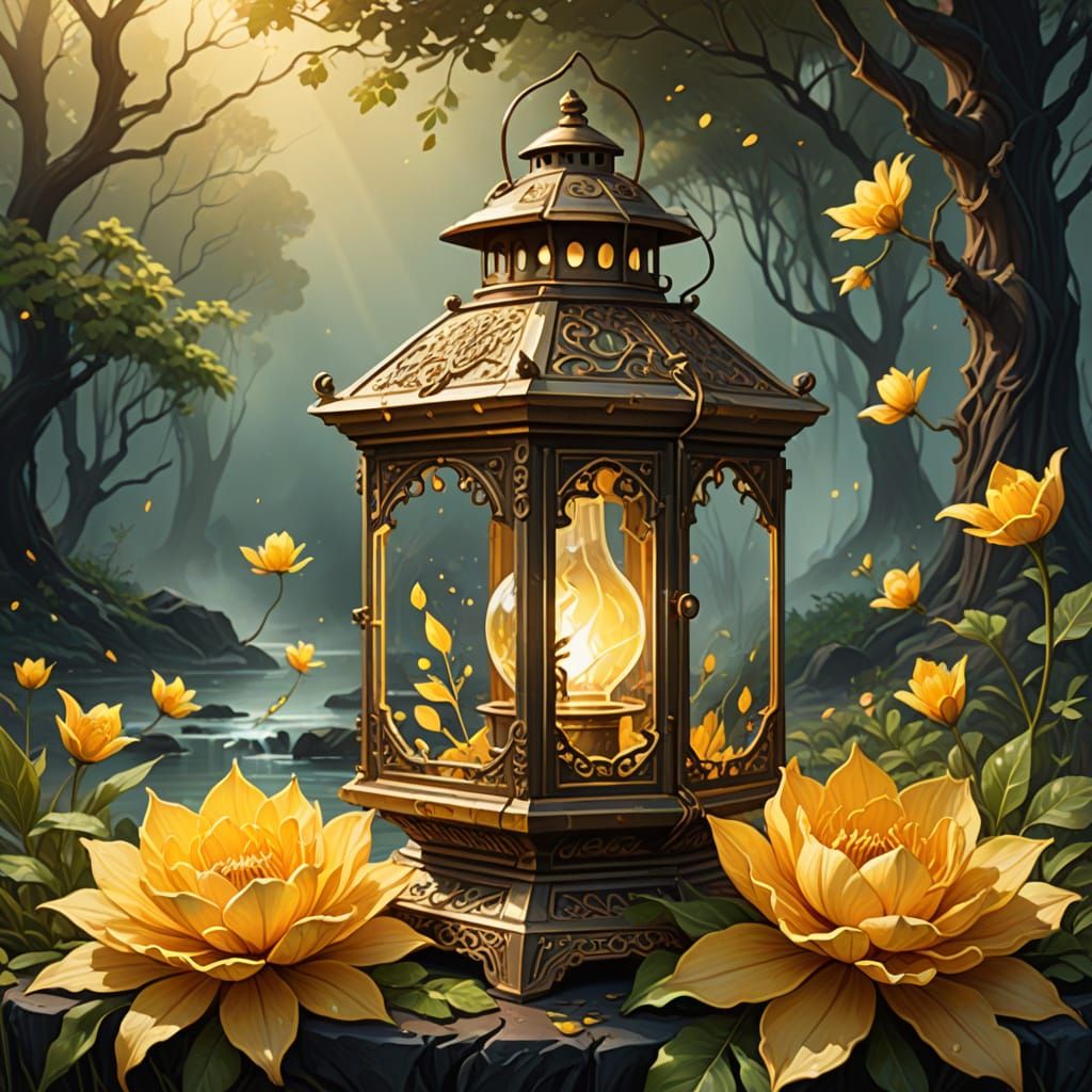 Magical Lantern with Ethereal Petals in Galacticscape