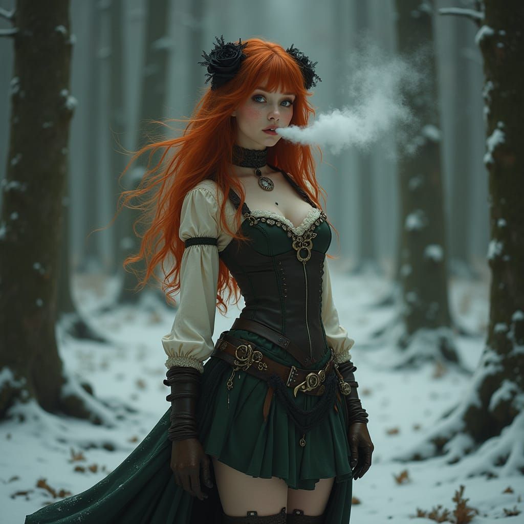 Steampunk Woman in Bioluminescent Forest, Pre-Raphaelite Sty...