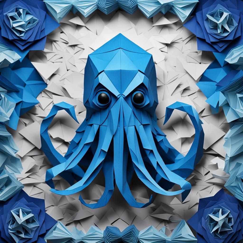 Blue Origami Cthulhu Papercraft in 8K