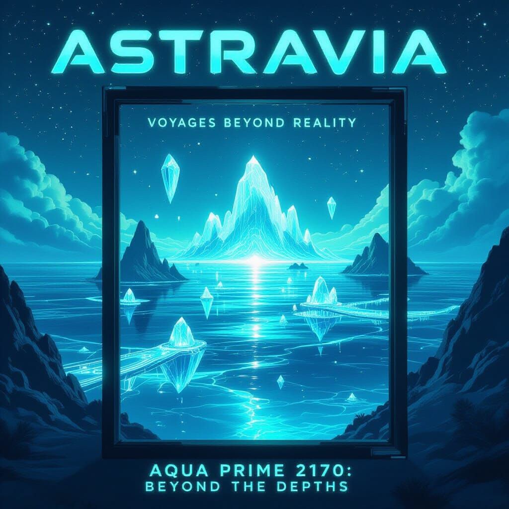 AstraVia Travel Poster: Bioluminescent Alien Ocean World