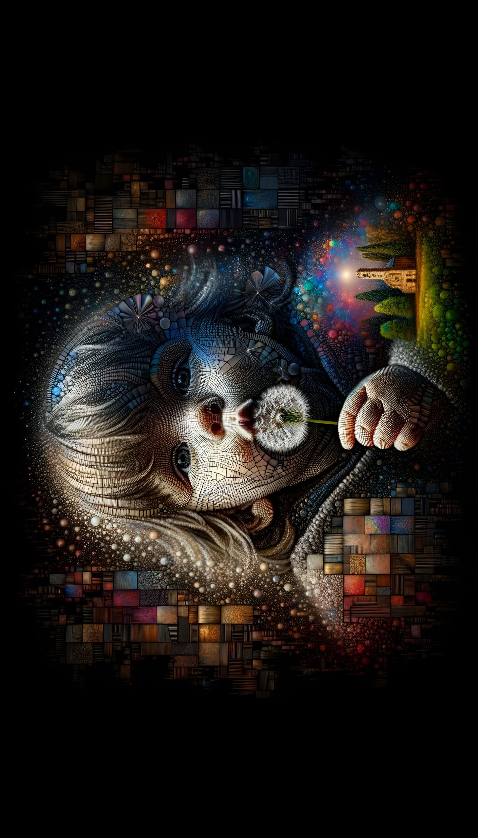 A dark background excessively detailed mosaic with tiny pieces of a little long haired toddler blowing on a dandelion fl...