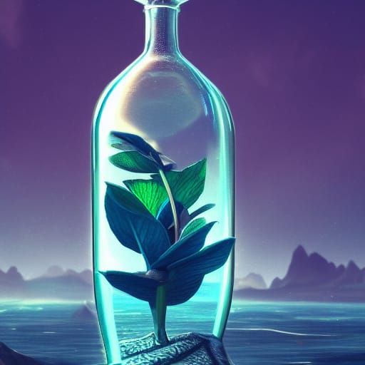 Blue Plant in Glass Bottle: Detailed Matte Painting
