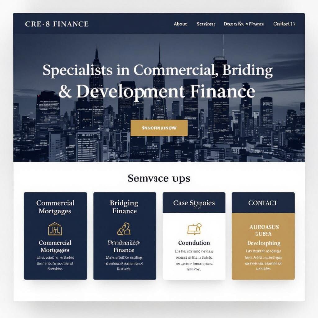 CRE-8 Finance Website Homepage with City Skyline