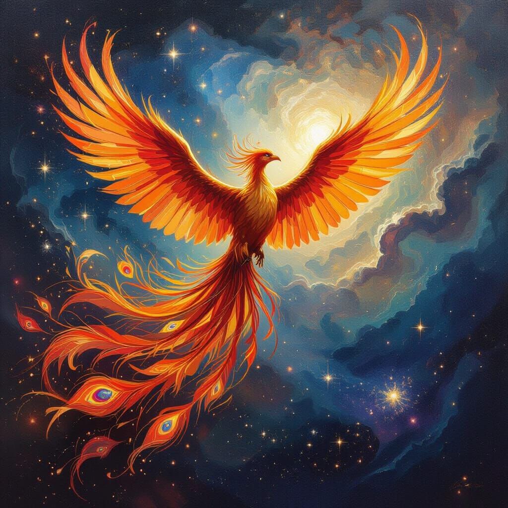 Majestic Phoenix Soaring Through Cosmic Nebula in Van Gogh S...