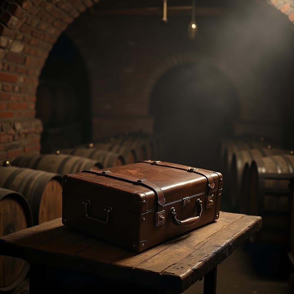 Noir Briefcase in Dimly Lit Wine Cellar