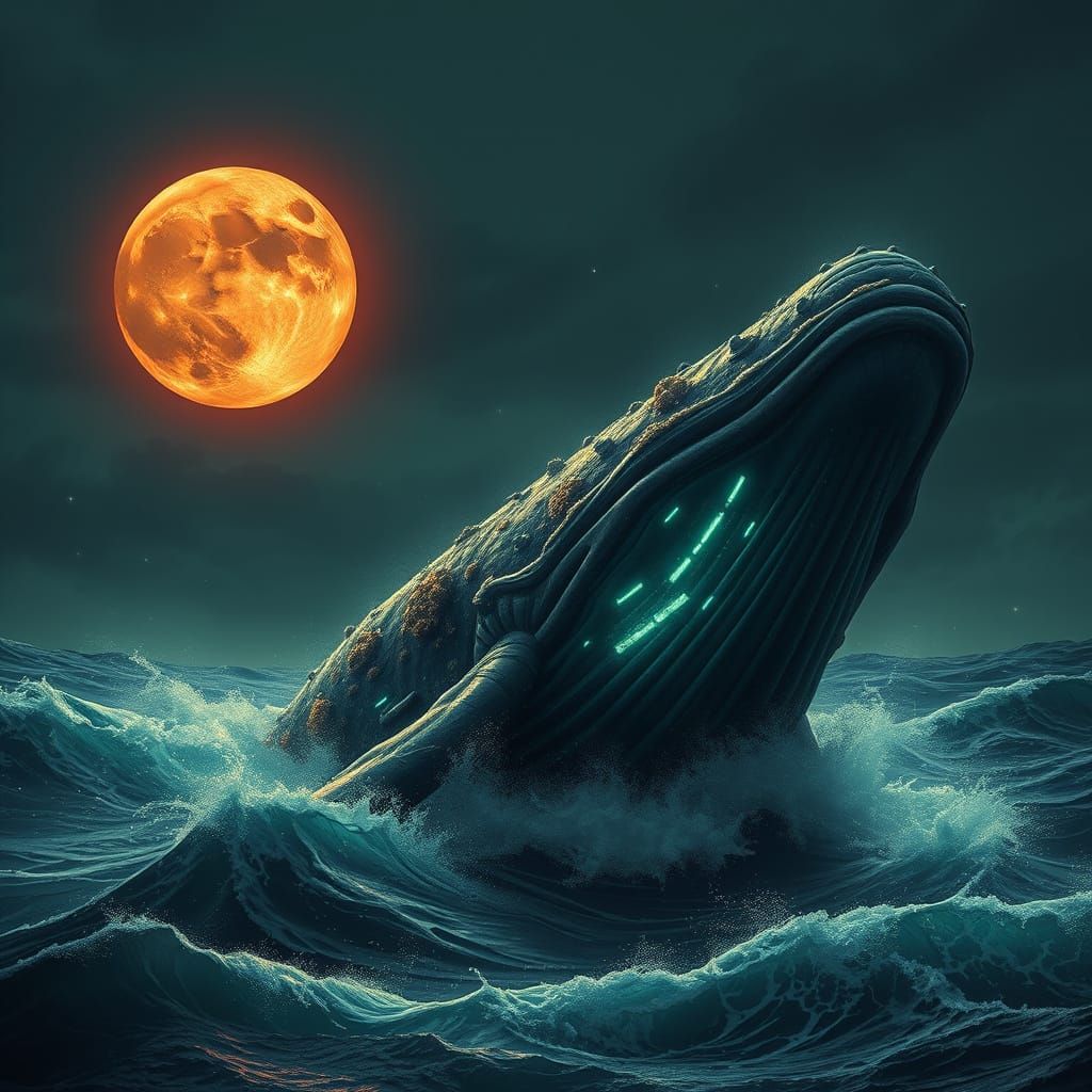 Cyberpunk Whale Emerges from Dark, Stormy Waters Under Blood...