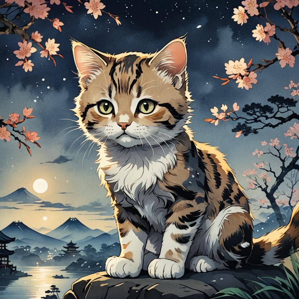 Cute Kitten in Ukiyo-e Style with Watercolors