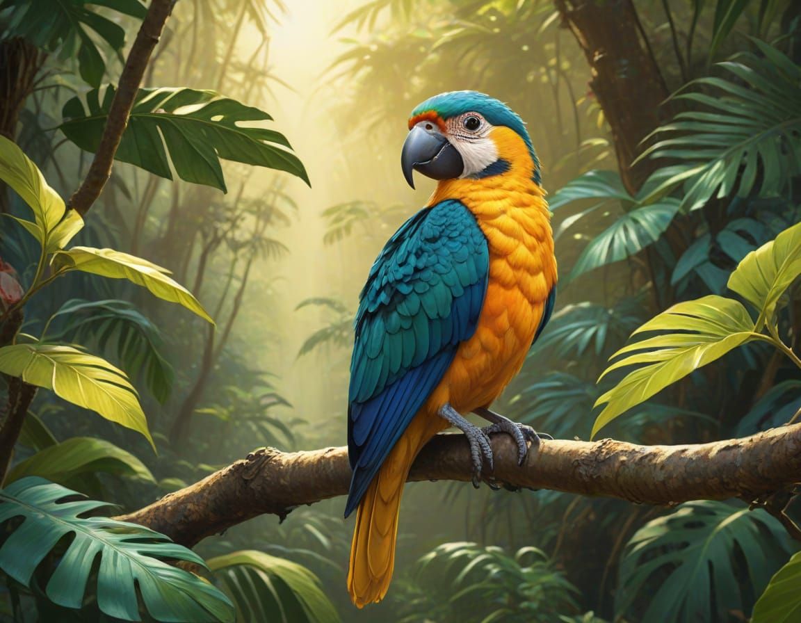 Tropical Bird in Rainforest: Gouache-Style Vintage Poster