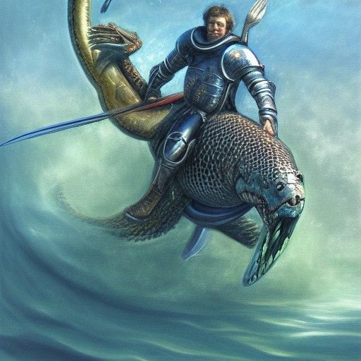 Knight Rides Underwater Serpent in Oil Painting