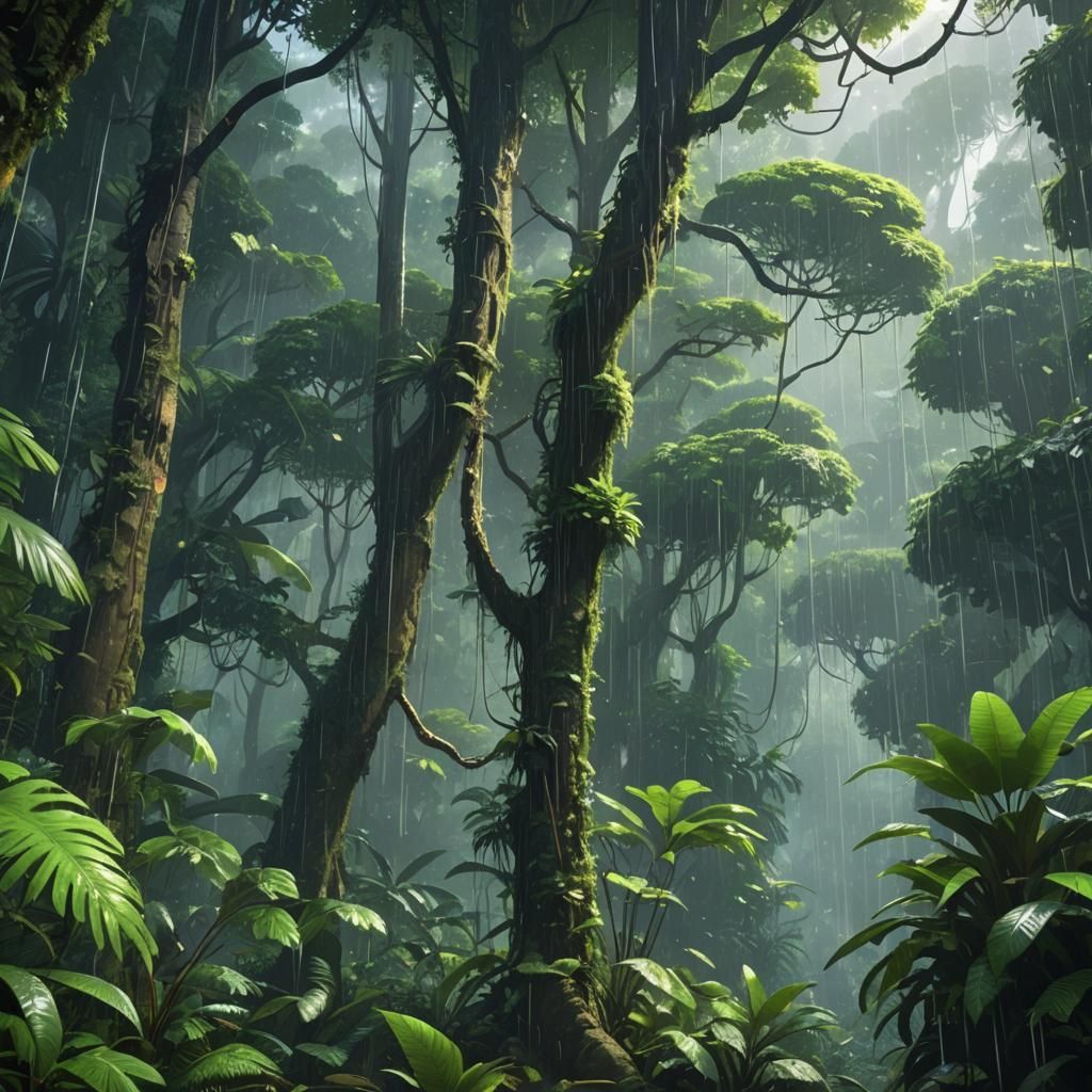 Lush Rainforest Raining in 3D Anime Art