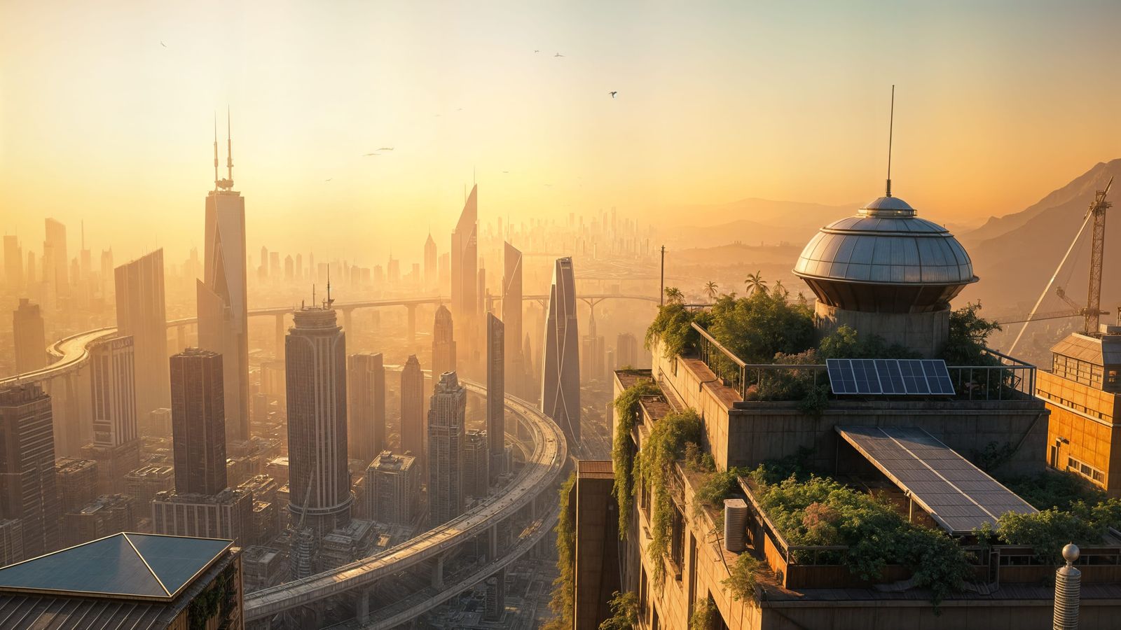 Surreal Futuristic Metropolis with Solar Panels and Lush Gar...