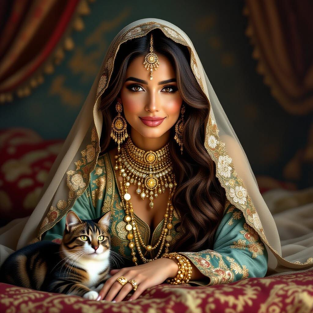 Beautiful Arabic Woman in Sultan Suit with Golden Jewelry
