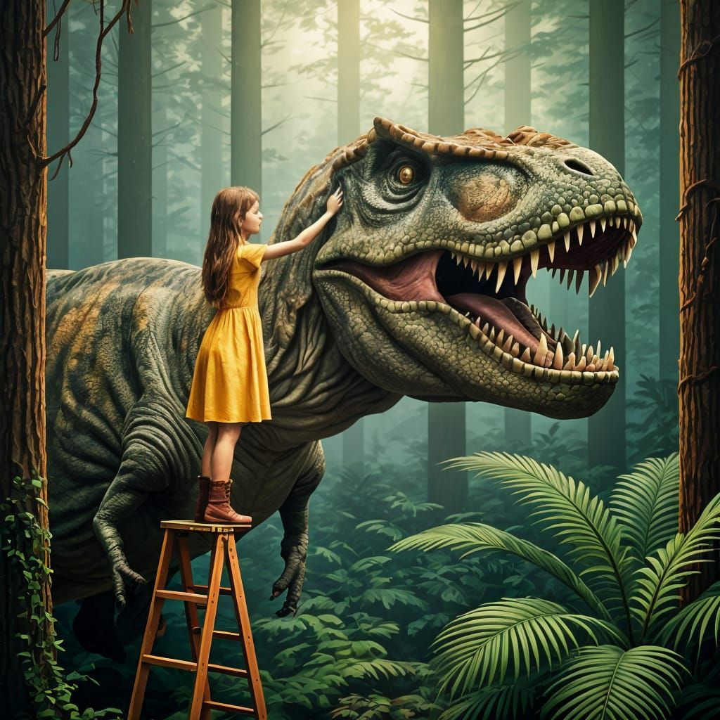 Girl Pets T-Rex Head While Standing on Ladder