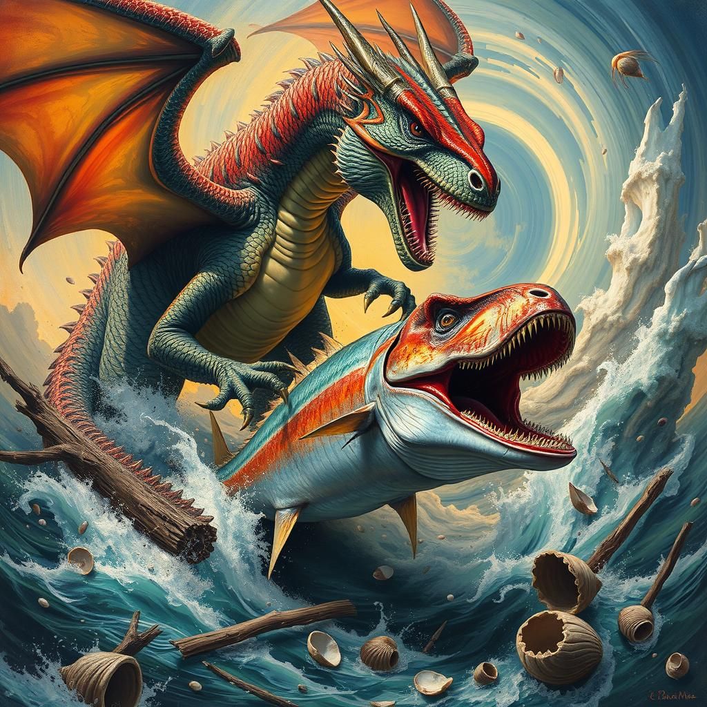 Dragon vs T-Rex in Surreal Ocean Battle