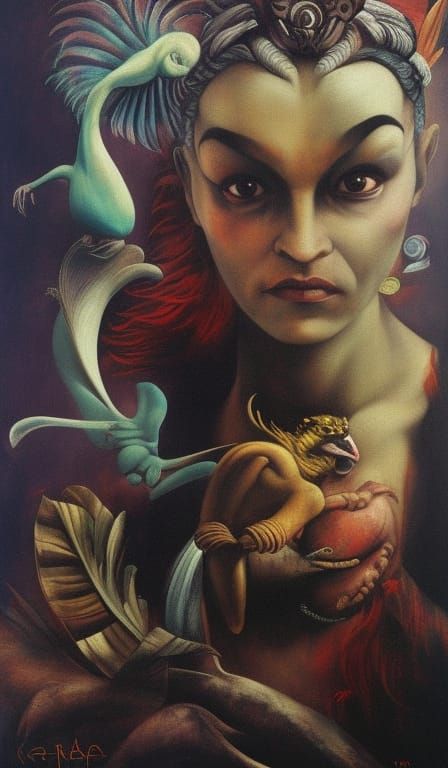 Fantasy Bird-Human Hybrid in Acrylics