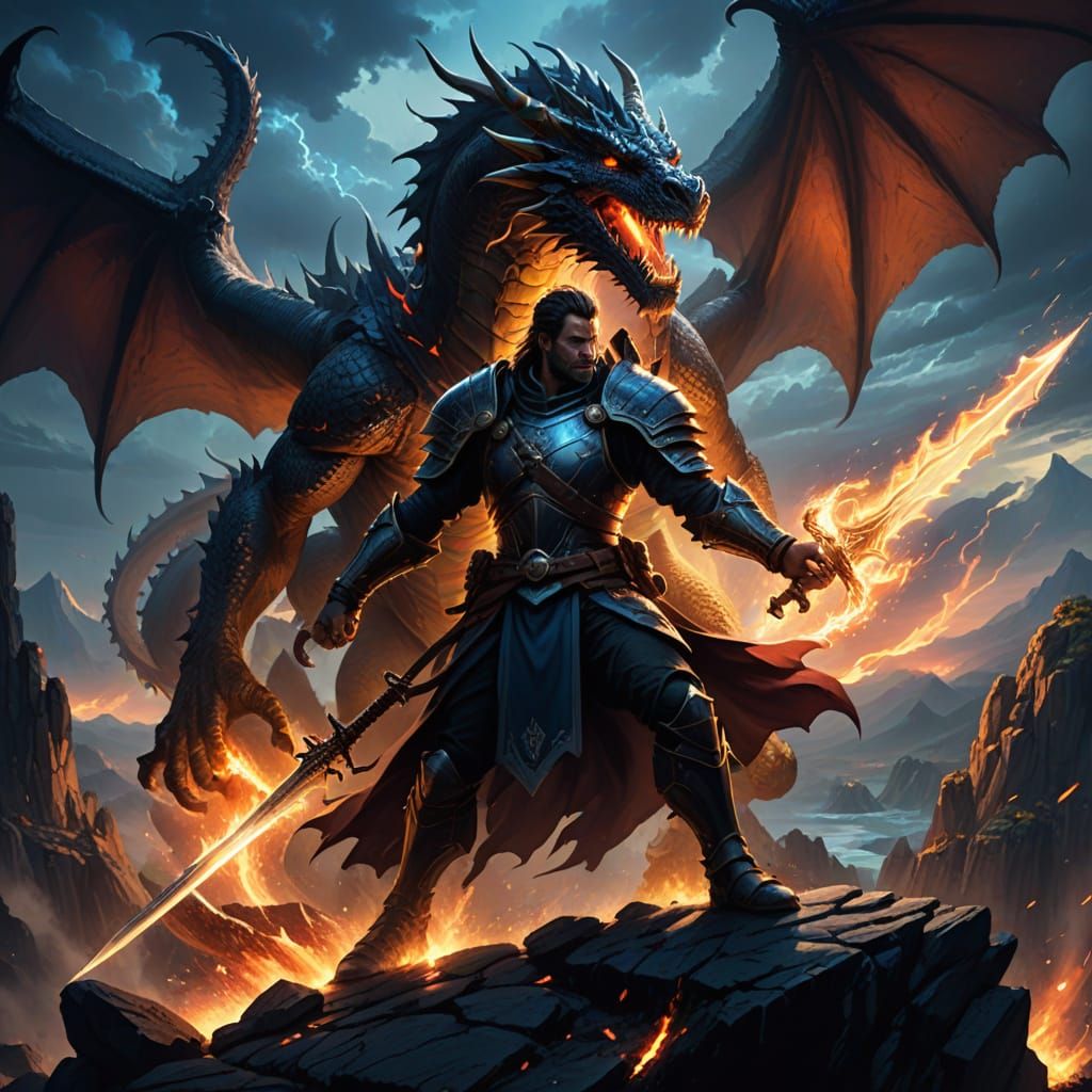 Epic Warrior Confronts Majestic Dragon in Dramatic Fantasy S...