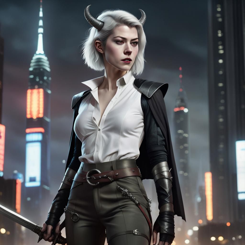 Tiefling in Neon Cityscape Concept Art