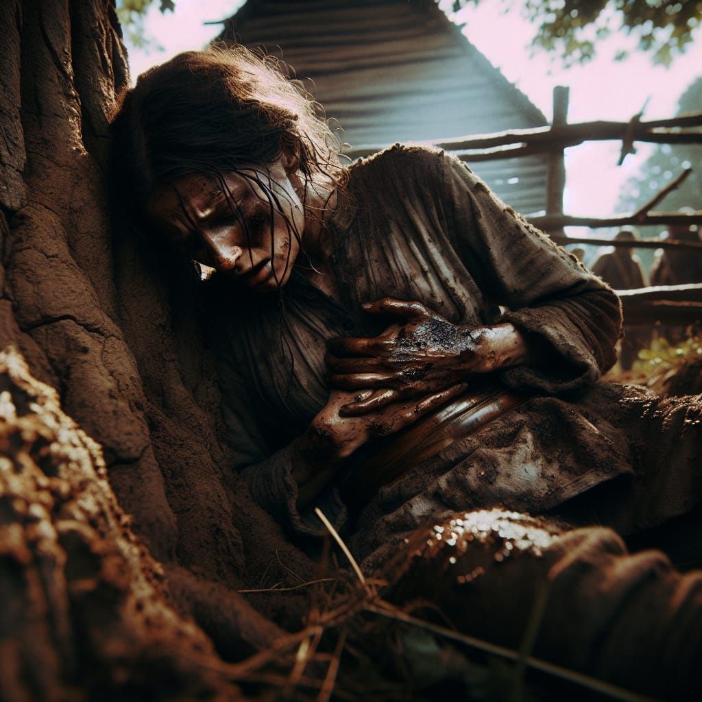 Wounded Woman in Mud: Cinematic Film Still