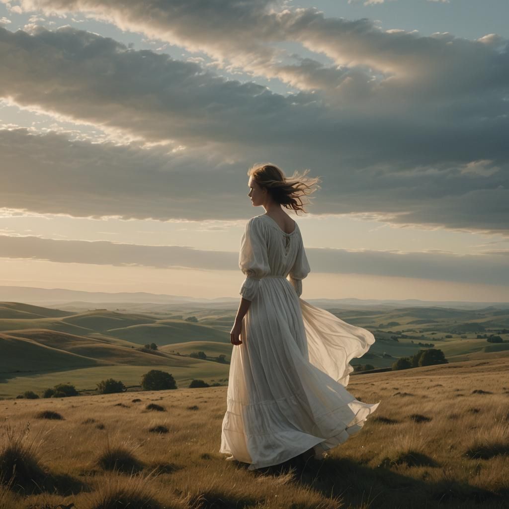 Ethereal Woman in Landscape at Dawn