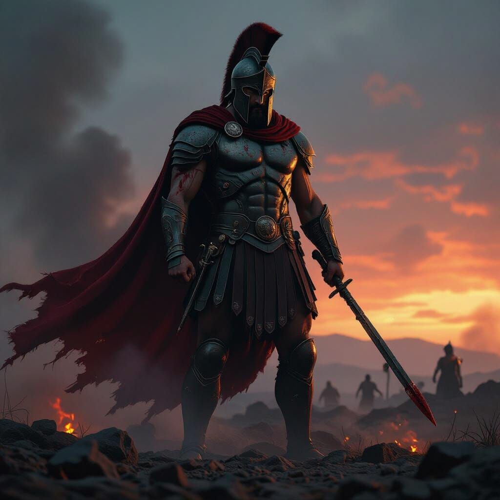 Ares, God of War, on Battlefield in Dystopian Style