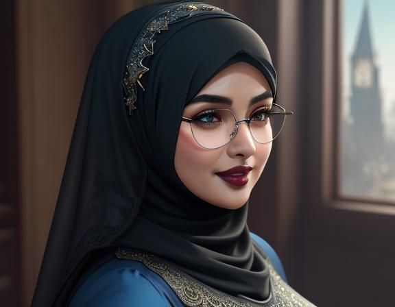 Elegant Hijabi Woman in Blue Dress, Ultrarealistic Portrait
