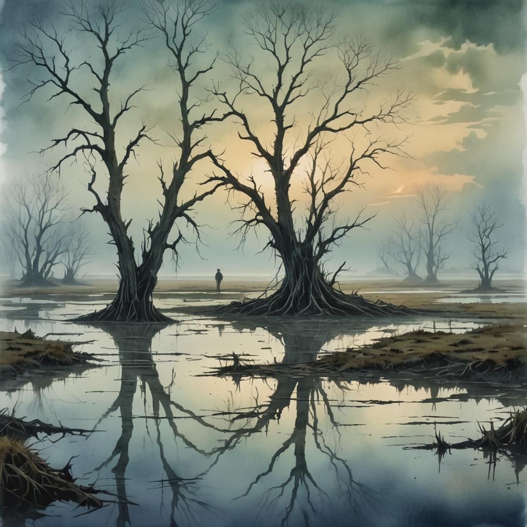 Eerie Figure Wades Through Misty Marsh Landscape