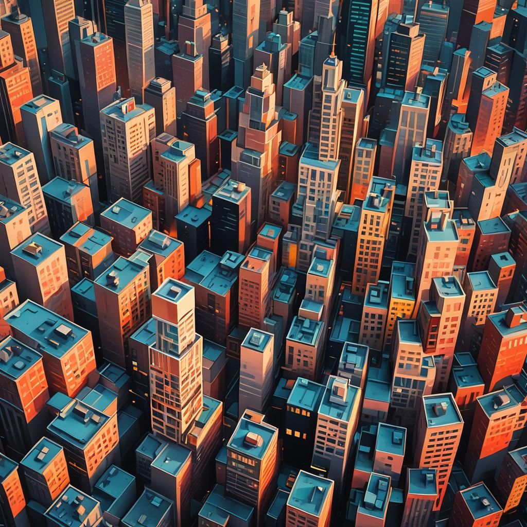 Dynamic Cubist Cityscape with Geometric Art Deco Elements