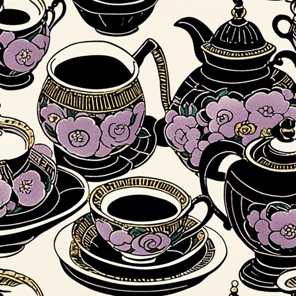 Tea Set Illustration in Dong Ho Folk Art Style