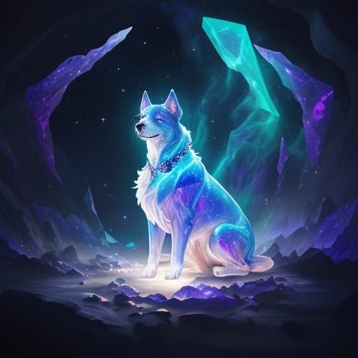 Spectral Cosmic Dog Guards Gemstones in Astral Cavern