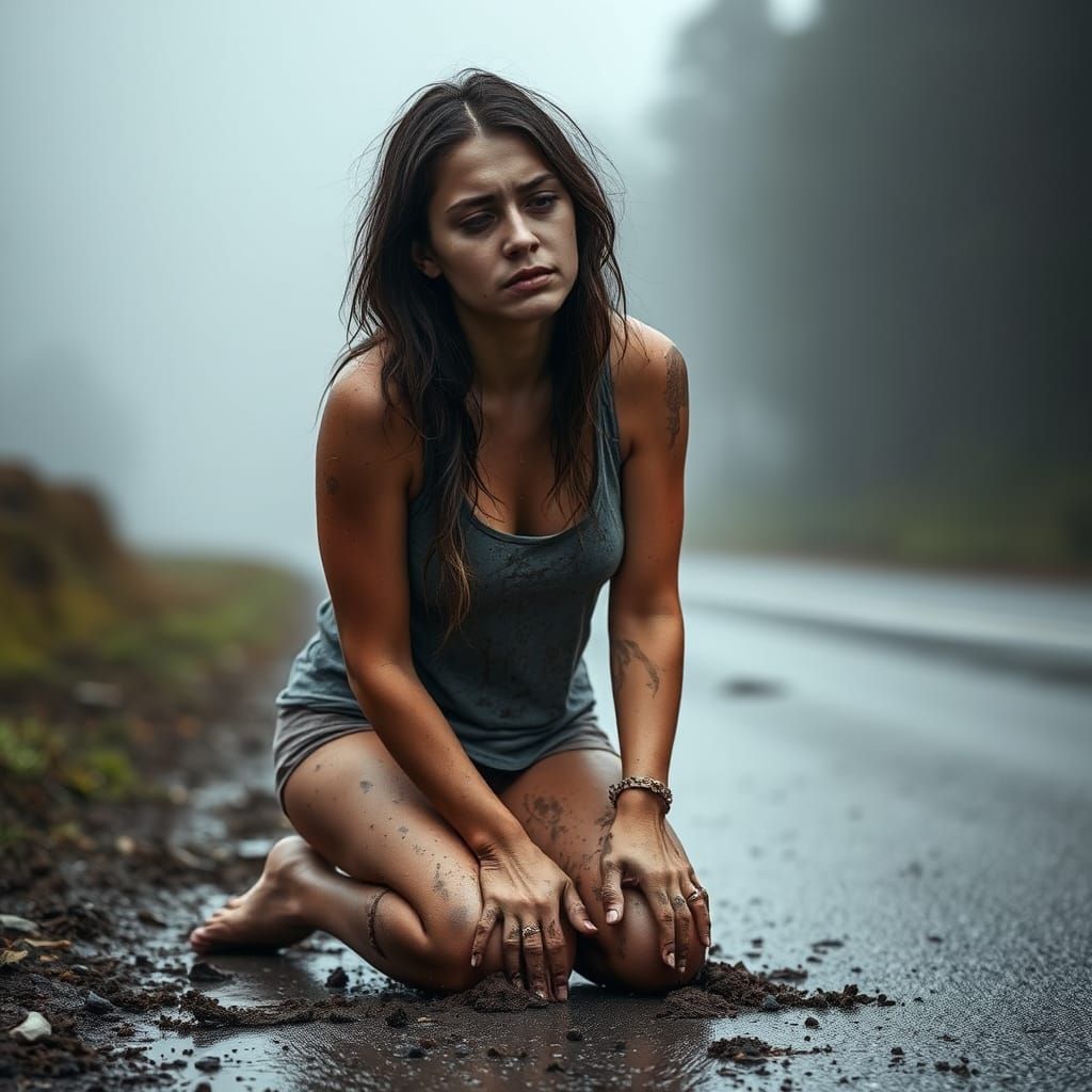 Defeated Woman Kneeling in the Rain