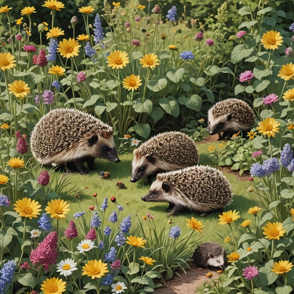 Hedgehogs Enjoying the Sun in English Garden