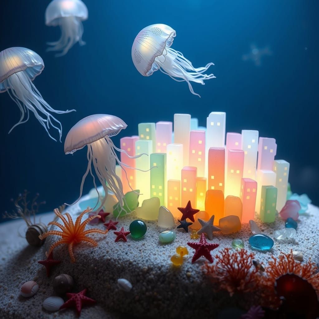 Bioluminescent Jellyfish Near Sea Glass Cityscape