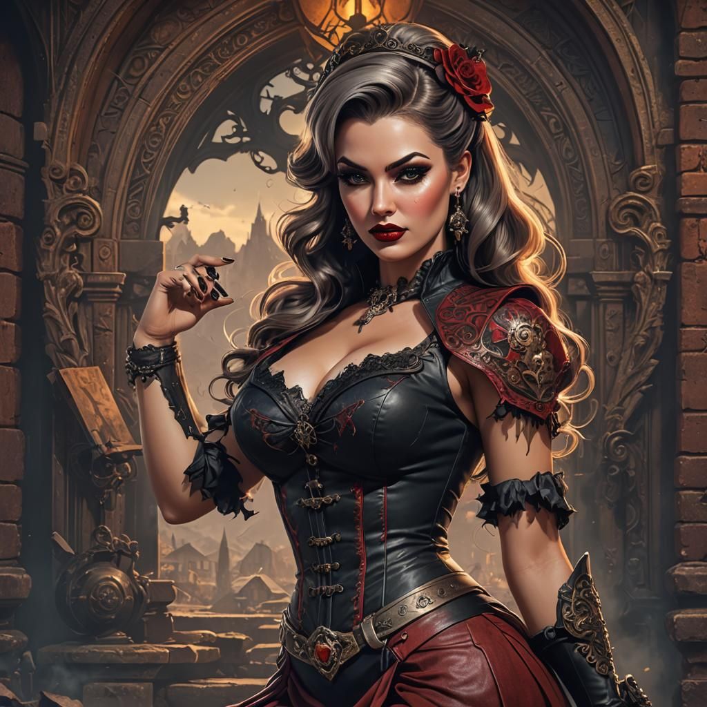Gothic Rock Pin-Up Portrait in Detailed Matte Style
