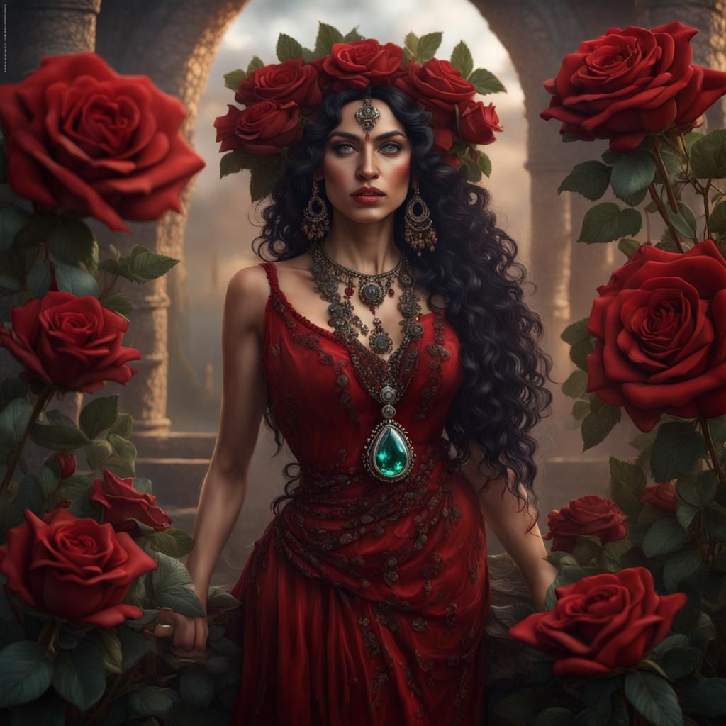 Hyperrealistic Gypsy Woman with Roses, Detailed Matte Painti...