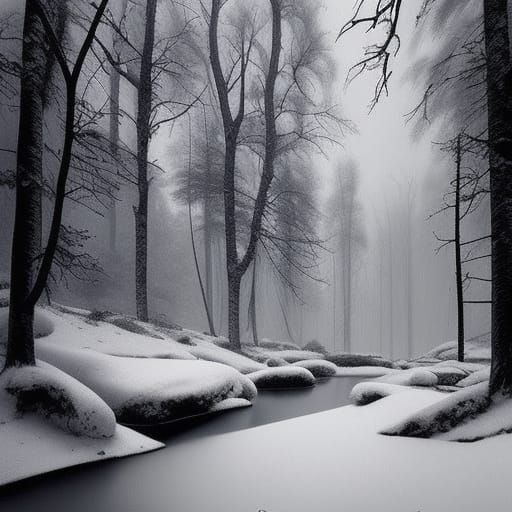Snowy Forest With Dark River: Black and White Oil Painting