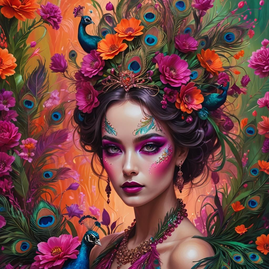Peacock Haired Woman: Detailed Digital Art Portrait