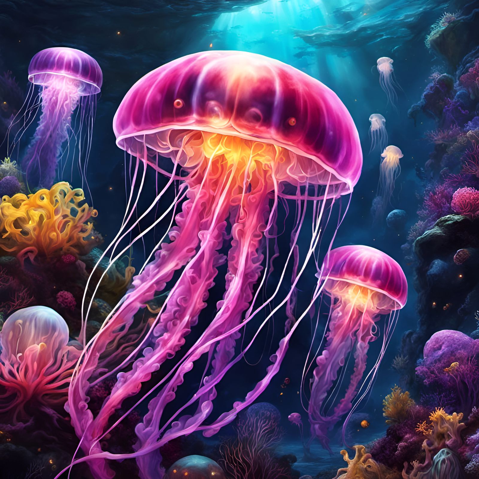 Bioluminescent Jellyfish in a Colorful Coral Reef