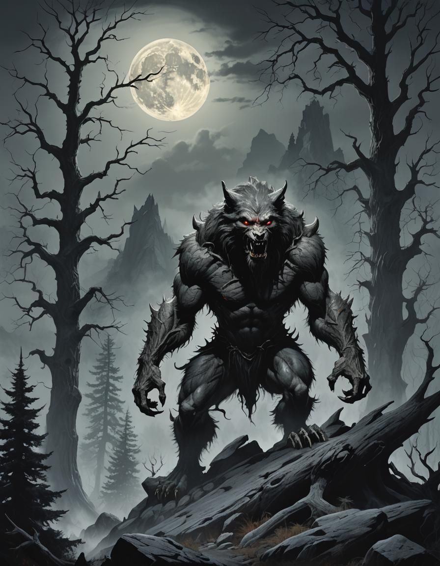 Werewolf on Rocky Peak Under Full Moon