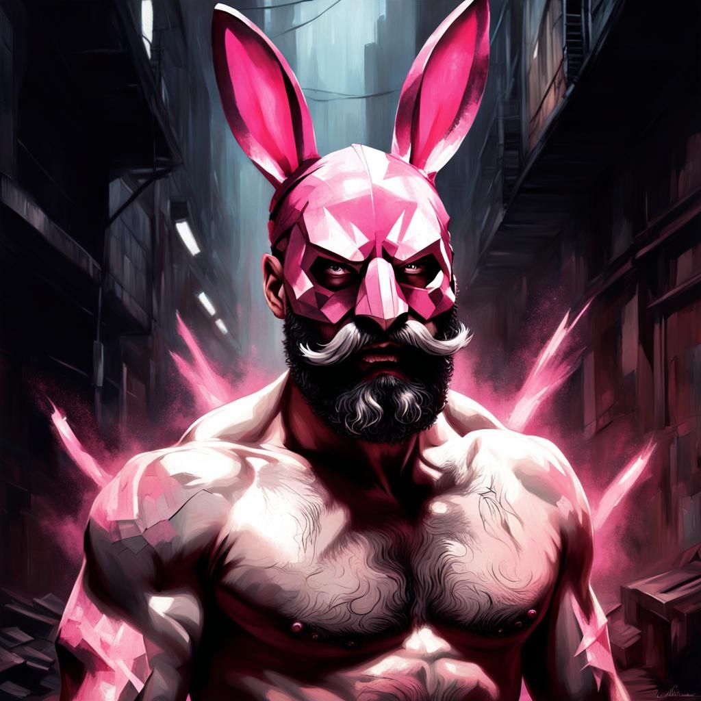 Intimidating Man in Bunny Mask: Oil Painting