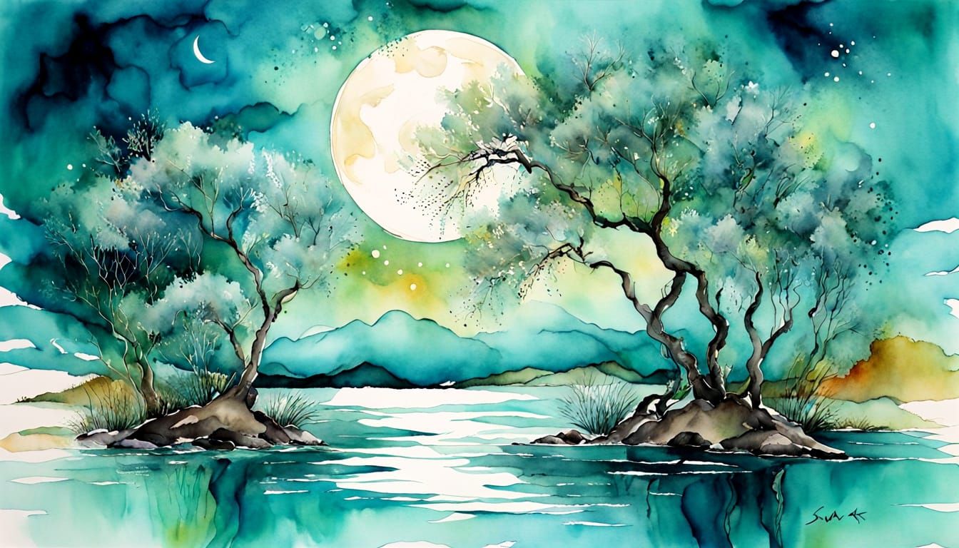 Tranquil Turquoise Sea Under Moonlight: Watercolor Painting