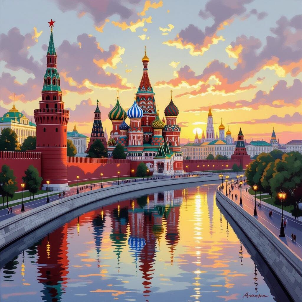 Moscow Kremlin Sunset Reflecting Golden Domes
