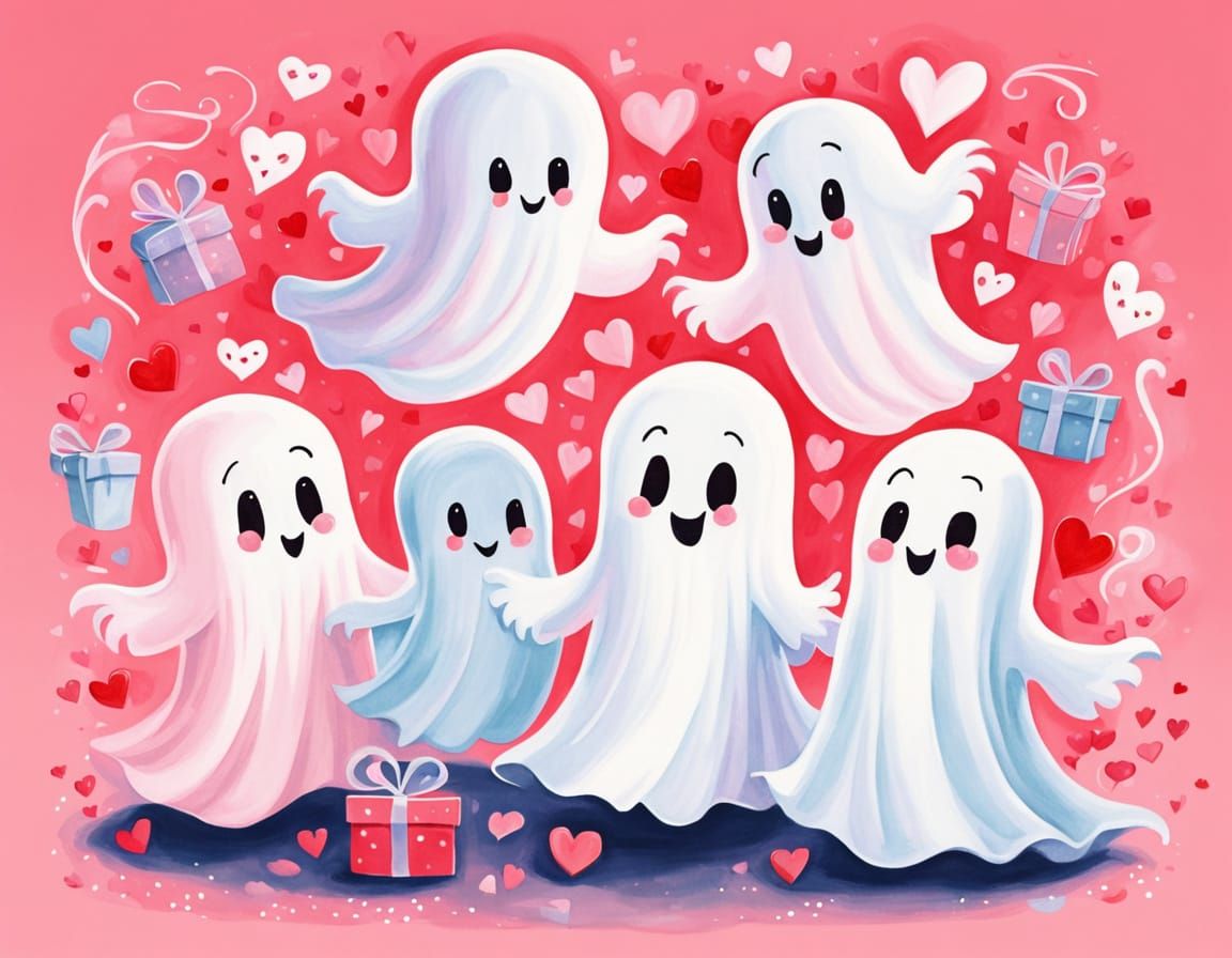 Cute Ghosts Celebrate Valentine's Day in Vibrant Art