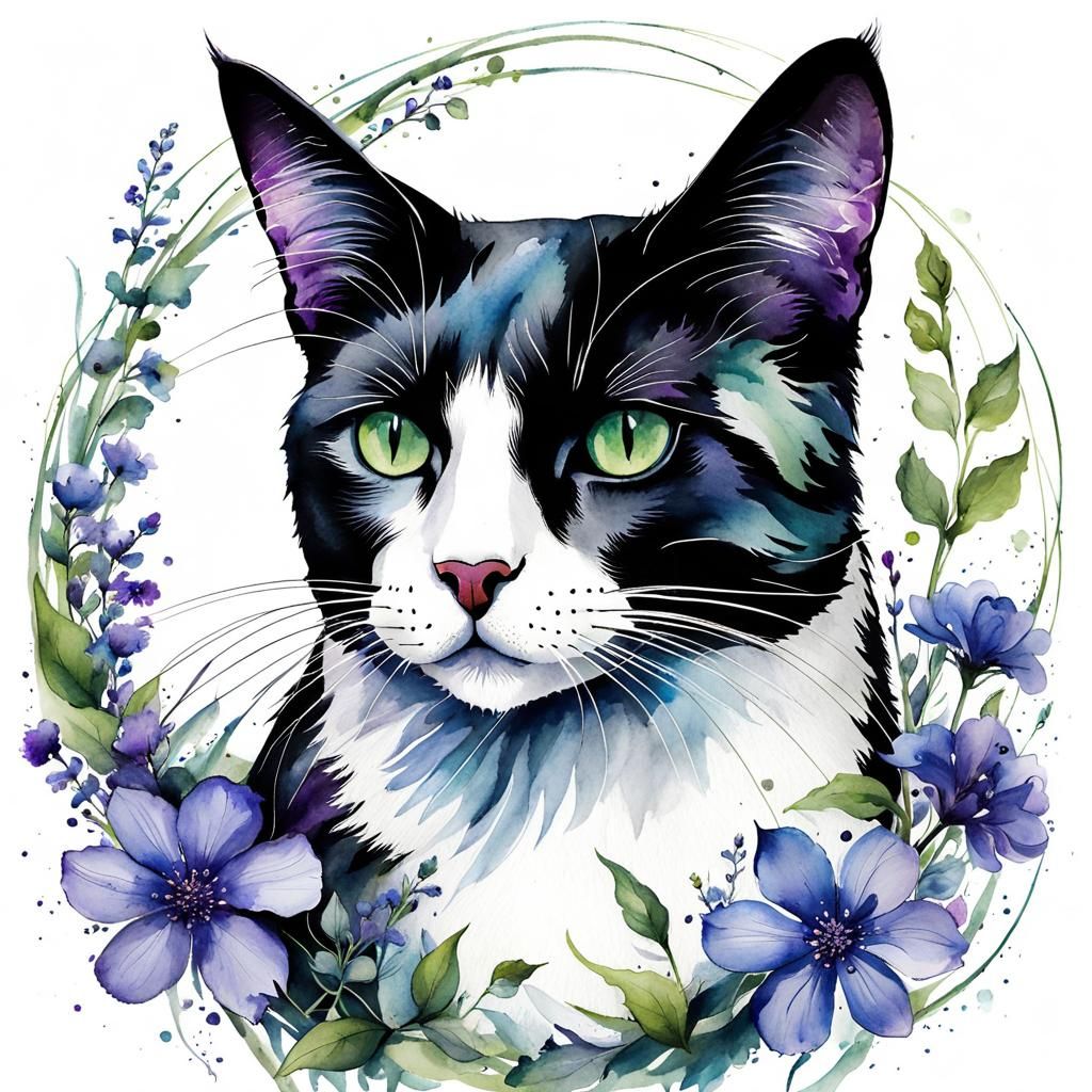 Whimsical Black and White Cat Watercolor