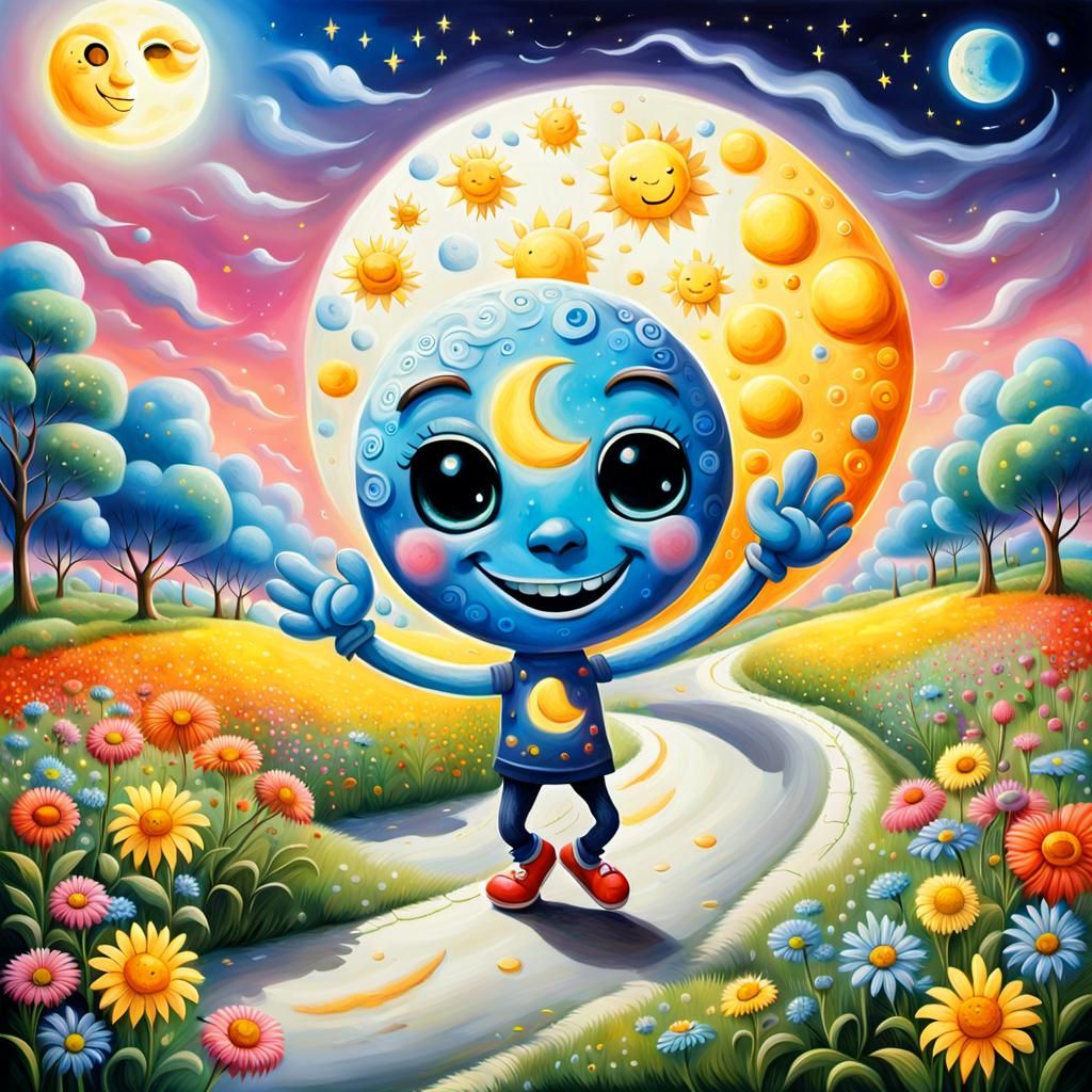 Happy Moon Dancing in Sunny Flower Field