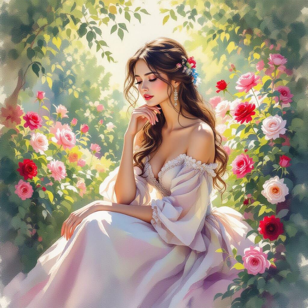 Woman in Rose Garden: Impressionistic Watercolor Painting