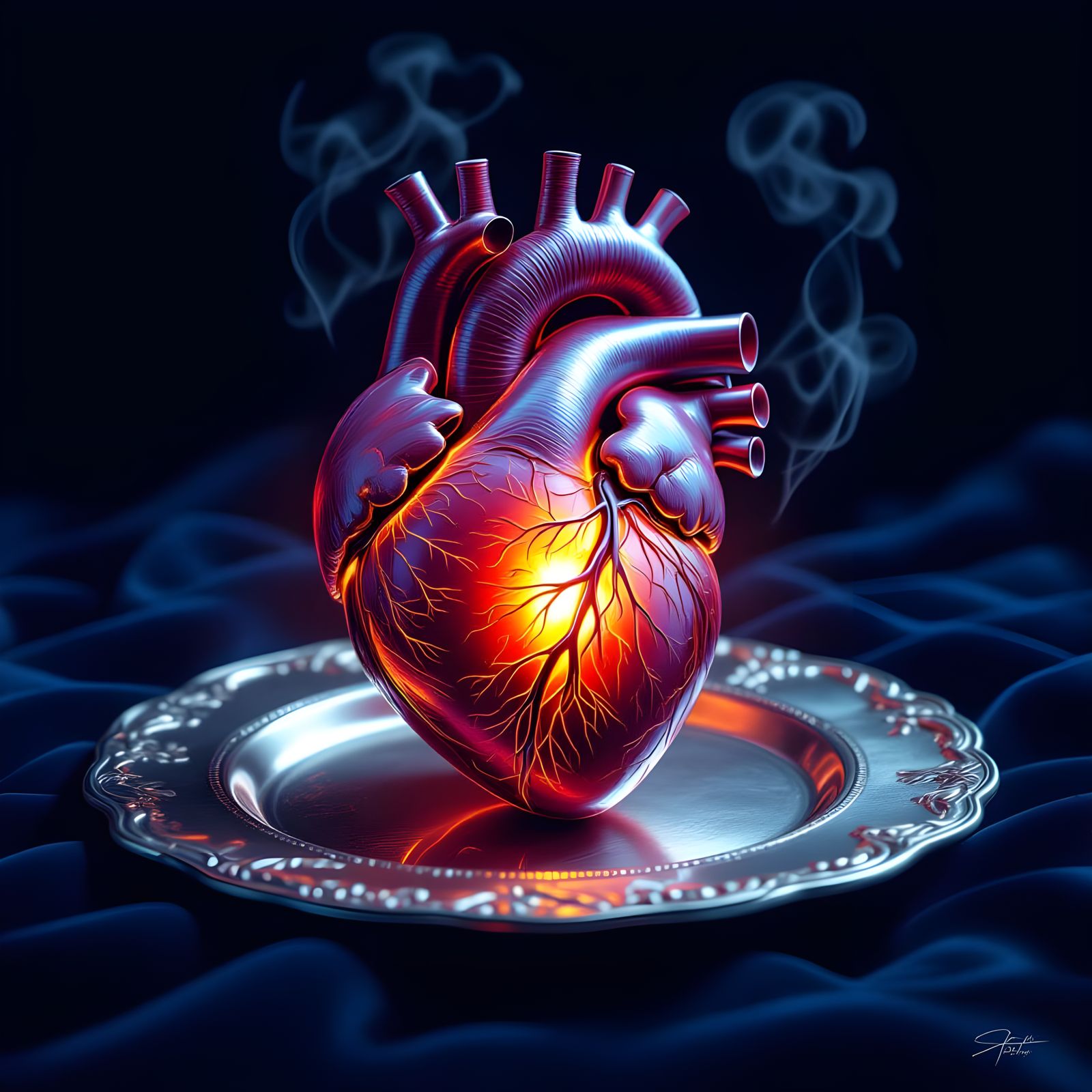 Biological Heart on Silver Plate